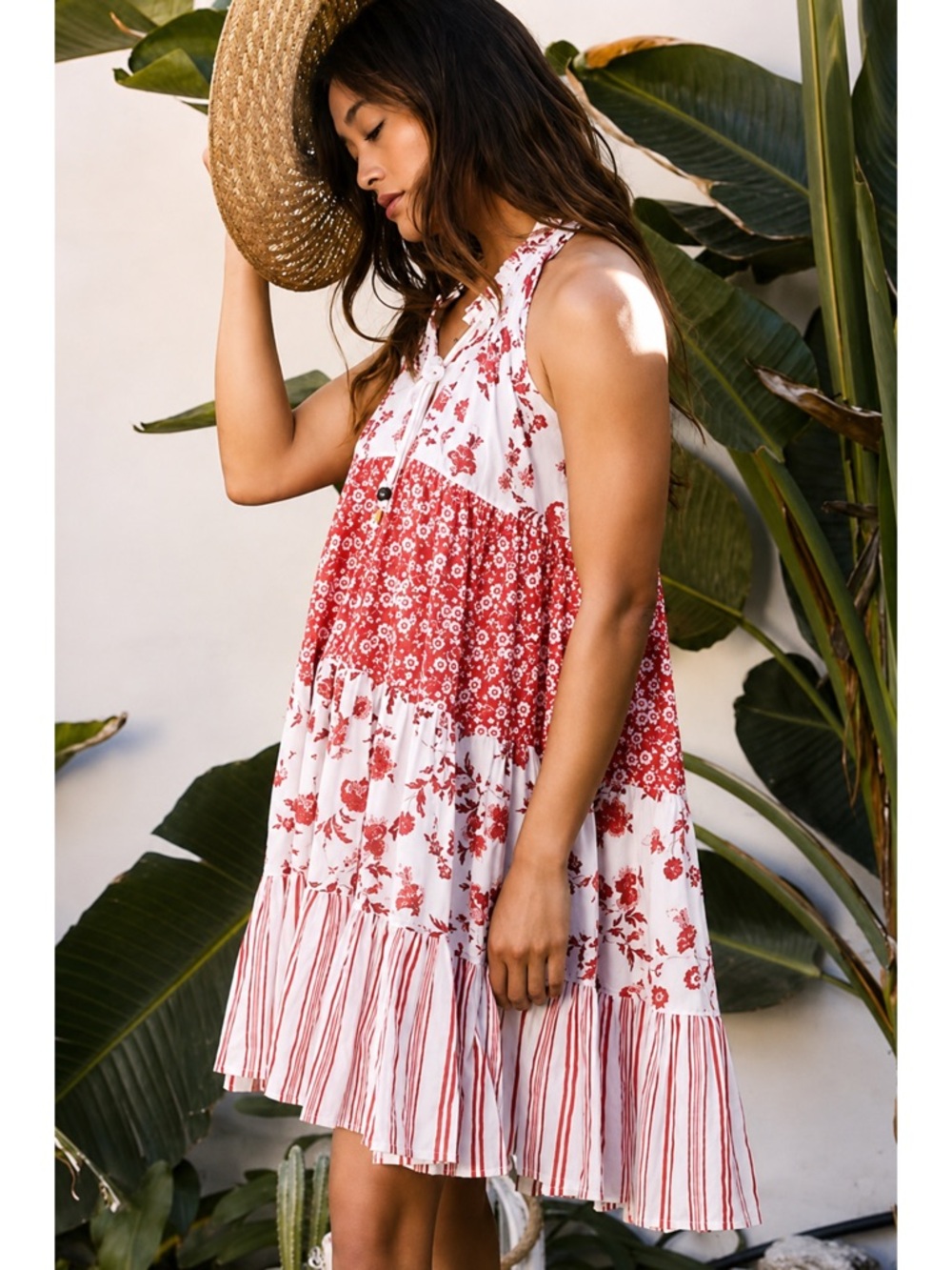 Ro’s Garden Anthro Sofia Red White Floral Sleeveless Tiered Boho Mini Dress